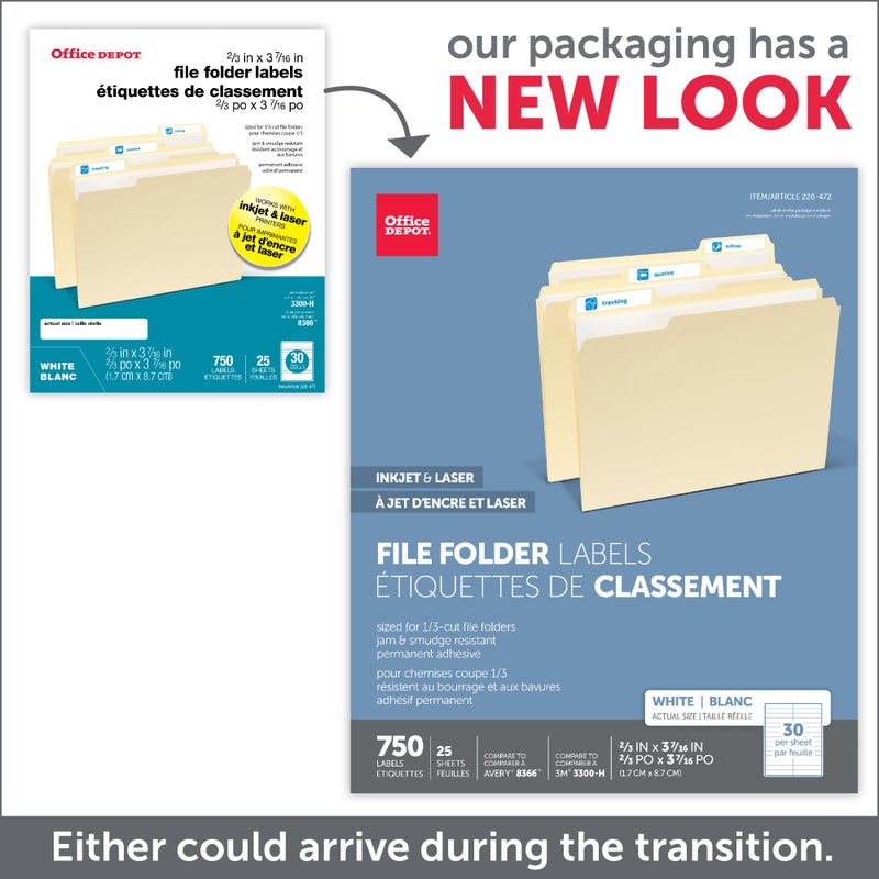 Office Depot ملصقات ملفات مكتب ديوتيب البيضاء للطابعات النفاثة/الليزر، 2/3 بوصة × 3 7/16 بوصة، بيضاء، عبوة من 750، 505-0004-0011 - Image 3